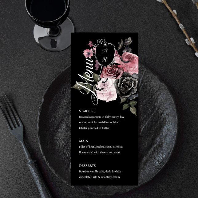 Gotisches Halloween-Wappen Menükarte (Gothic Halloween Watercolor Floral Monogram Crest Menu)