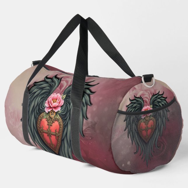 Gotisches Herz mit Blumen und Flügeln. Duffle Bag (Rechte Ecke)
