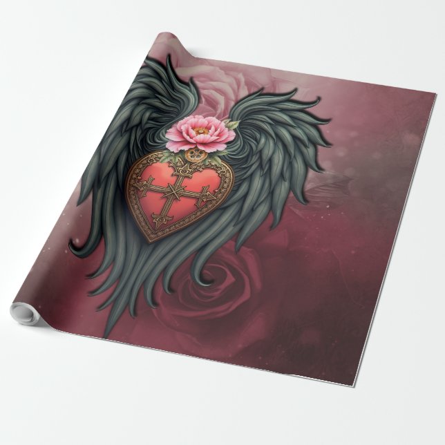 Gotisches Herz mit Blumen und Flügeln. Geschenkpapier (Ungerollt)