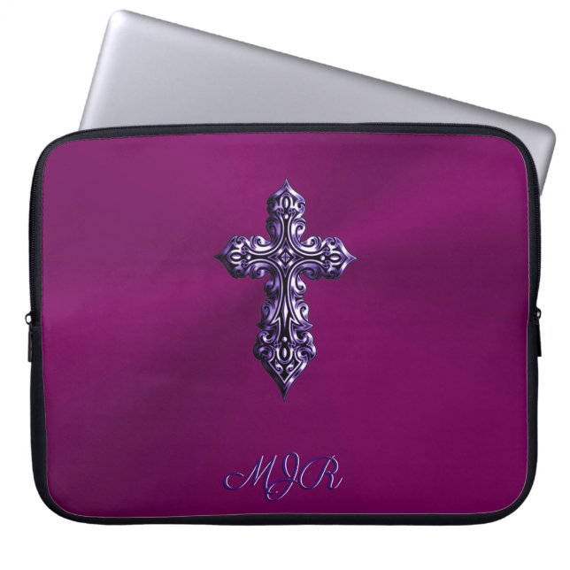 Gotisches Kreuz in Lila Form mit Monogramm Laptopschutzhülle (Vorderseite)