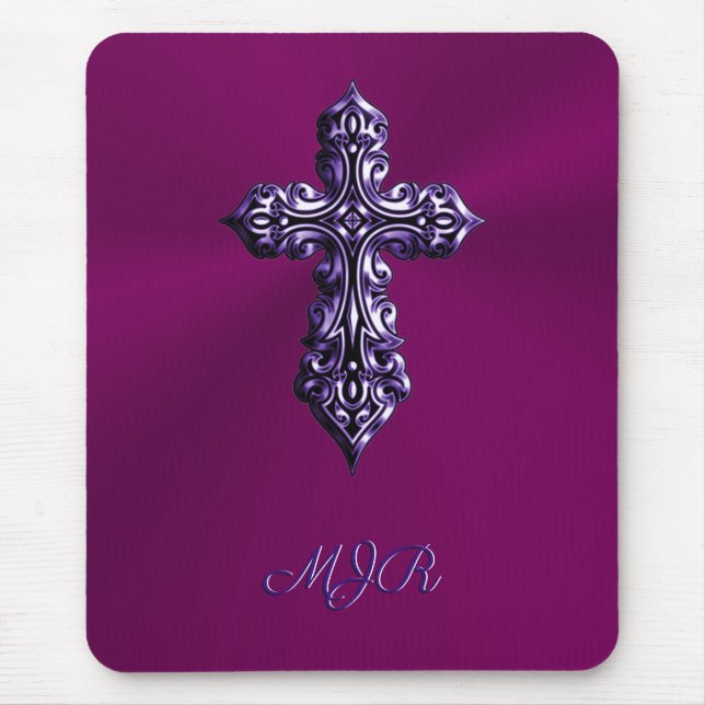 Gotisches Kreuz in Lila Form mit Monogramm Mousepad (Vorne)