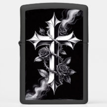 Gotisches Kreuz-Zippo mit schwarzem Rosen-Design #
