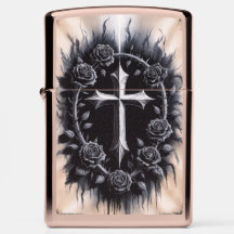 Gotisches Kreuz-Zippo mit schwarzem Rosen-Design #