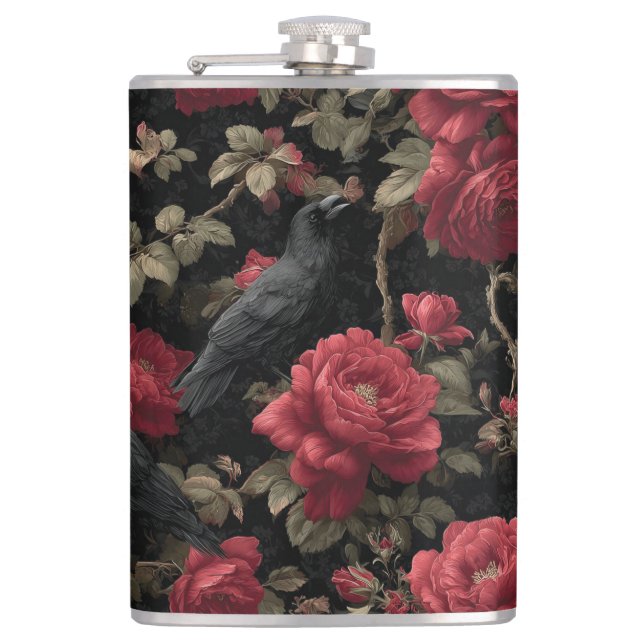 Gotisches Muster mit Rote Rosen und Krähen Flachmann (Vorderseite)