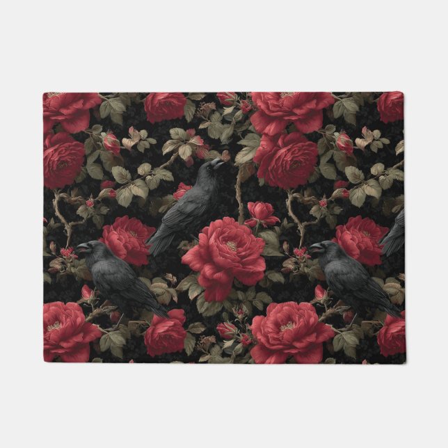 Gotisches Muster mit Rote Rosen und Krähen Fußmatte (Vorderseite)