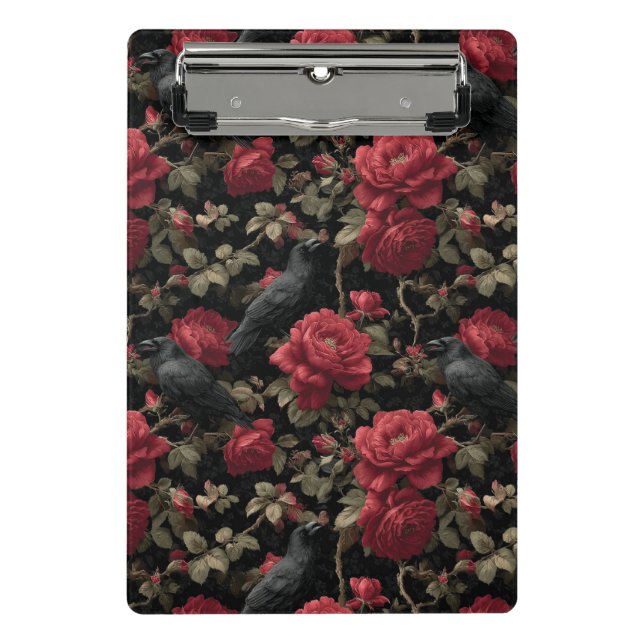 Gotisches Muster mit Rote Rosen und Krähen Mini Klemmbrett (Vorderseite)