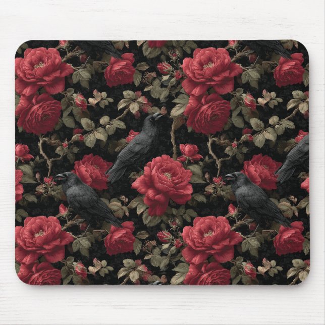 Gotisches Muster mit Rote Rosen und Krähen Mousepad (Vorne)