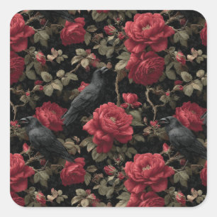Gotisches Muster mit Rote Rosen und Krähen Quadratischer Aufkleber