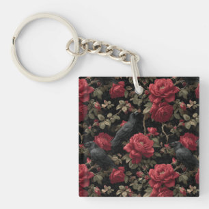 Gotisches Muster mit Rote Rosen und Krähen Schlüsselanhänger