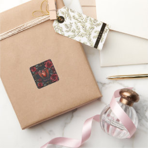 Gotisches Rotes Herz mit Rose - Dunkle Romantik Quadratischer Aufkleber