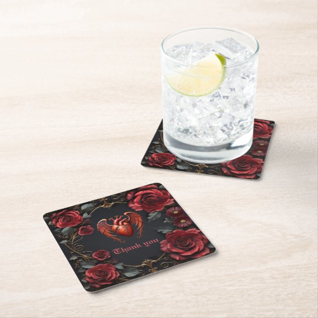 Gotisches Rotes Herz mit Rose - Dunkle Romantik Rechteckiger Pappuntersetzer (Vor Ort)