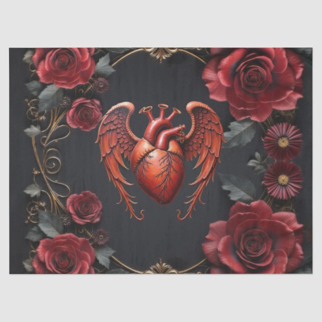 Gotisches Rotes Herz mit Rose - Dunkle Romantik Seidenpapier (Vorderseite)