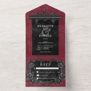 Gotisches Schwarzes Border 5 & Schwarze Rose Wein All In One Einladung