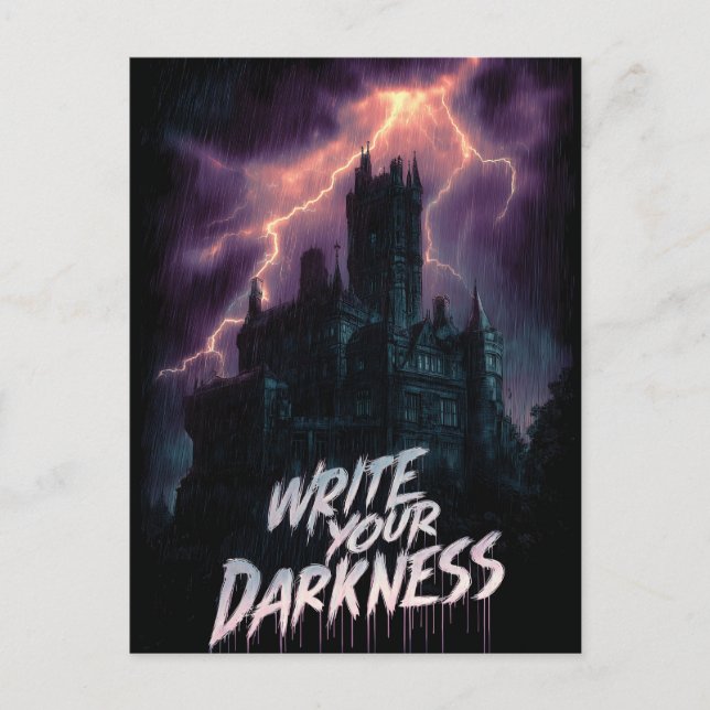 Gotisches Spuk Schloss unter Gewitter mit Text Postkarte (Vorderseite)
