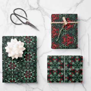 Gotisches Weihnachtsmuster mit Rot & Grün-Blüte Geschenkpapier Set