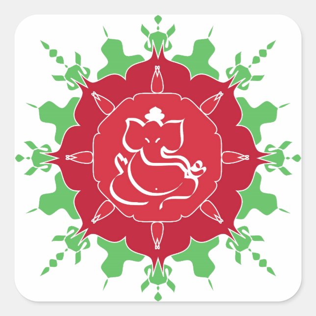 Gott Ganesha auf roter Blume Quadratischer Aufkleber (Vorderseite)