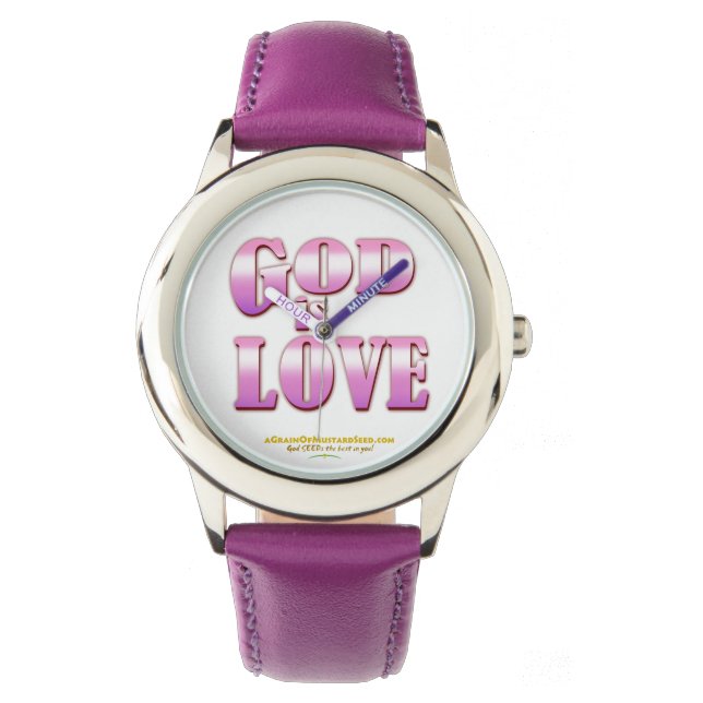 Gott ist Liebe Agrainofmustardseed.com Lila Armbanduhr (Vorderseite)