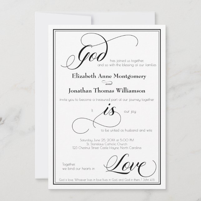 Gott ist Liebe Gracful Script Hochzeit Einladung (Vorderseite)