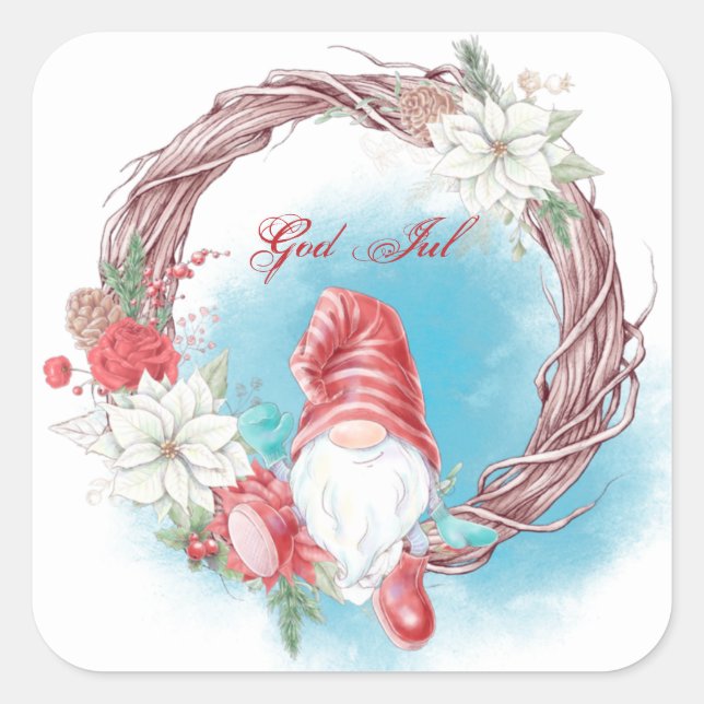 Gott Jul Gnome Wreath Quadratischer Aufkleber (Vorderseite)