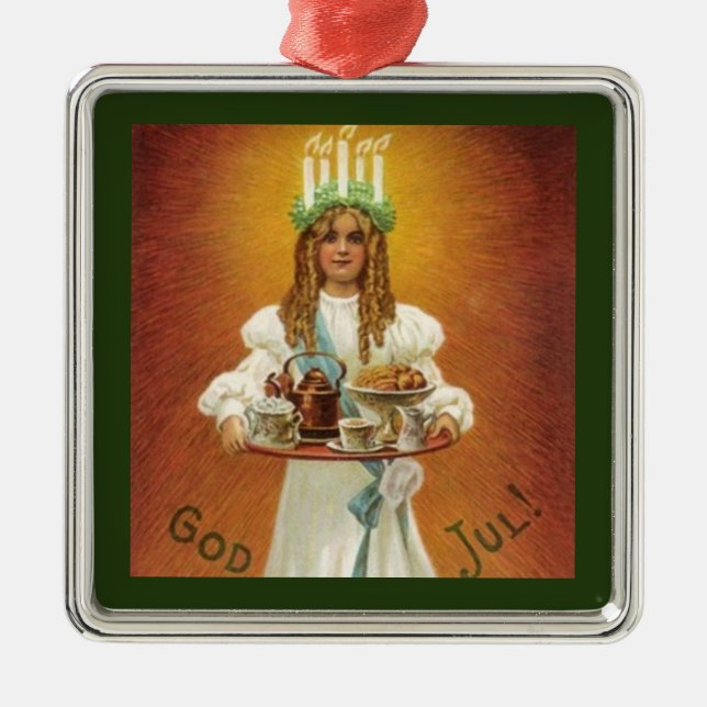 Gott Jul! Lucia mit Leckereien Silbernes Ornament (Vorne)