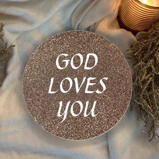 Gott Lieben Sie Glitzer Benutzerdefinierter Text C Runder Aufkleber (Custom text faux gold glitter elegant round sticker. God loves you custom Christian gift.
)