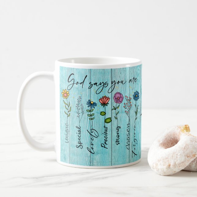 "Gott sagt, du bist.." Christliches Glaubensdesign Kaffeetasse (Mit Donut)