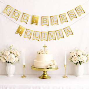 Gott segne 6 Buchstaben Gold Marmor Taufe Kommunio Wimpelkette