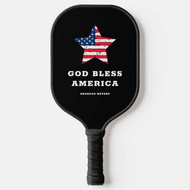 Gott segne Amerika | American Flag Star and Name Pickleball Schläger (Vorderseite)