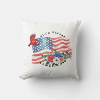 Gott segne Amerika Aquarell-Flagge/Blumen/Vögel 3 Kissen