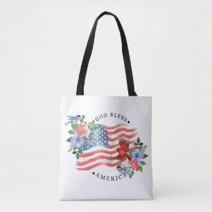 Gott segne Amerika Aquarell-Flagge/Blumen/Vögel II