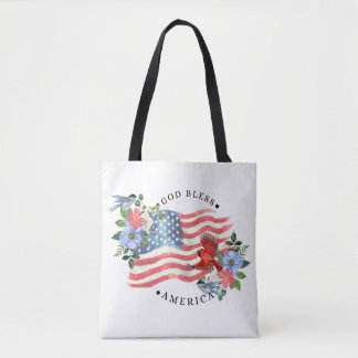 Gott segne Amerika Aquarell-Flagge/Blumen/Vögel II