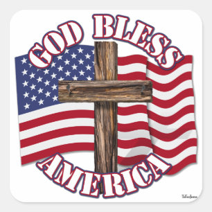 Gott segne Amerika mit der Flagge der USA und Kreu Quadratischer Aufkleber