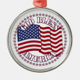 Gott segne Amerika mit der USA-Flagge und 50 Stern Silbernes Ornament