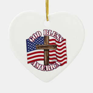 Gott segne Amerika mit der USA-Flagge und Kreuz Keramik Ornament