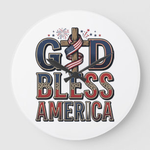Gott segne Amerika Patriotisches Kreuz Vintage-Shi Große Wanduhr