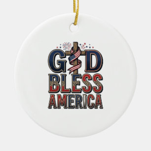Gott segne Amerika Patriotisches Kreuz Vintage-Shi Keramik Ornament
