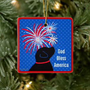 Gott segne Amerika Schwarzer Hund Feuerwerk Orname Keramikornament