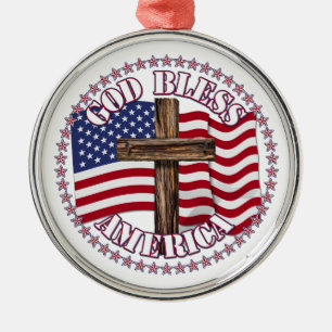 Gott segne Amerika und Kreuz mit USA-Flagge 50 Ste Silbernes Ornament