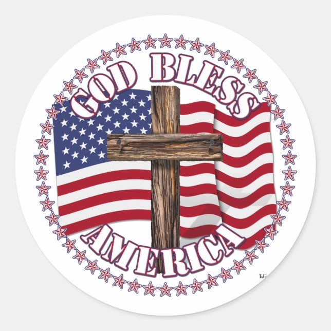 Gott segne Amerika und kreuzen mit US-Flagge 50 St Runder Aufkleber (Vorderseite)
