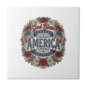 Gott segne Amerika Vintage Patriotisch Floral Fliese