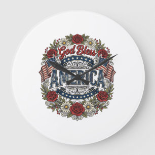 Gott segne Amerika Vintage Patriotisch Floral Große Wanduhr