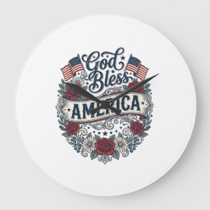 Gott segne Amerika Vintage Patriotisch Floral Große Wanduhr