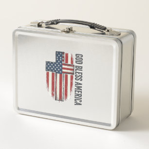 Gott segne Amerika Vintage patriotisches Kreuz Des Metall Brotdose