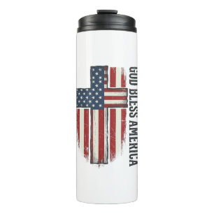 Gott segne Amerika Vintage patriotisches Kreuzdesi Thermosbecher