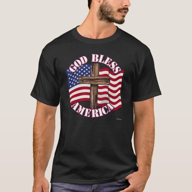 Gott segne Amerikaner mit USA Flag & Cross T-Shirt (Vorderseite)