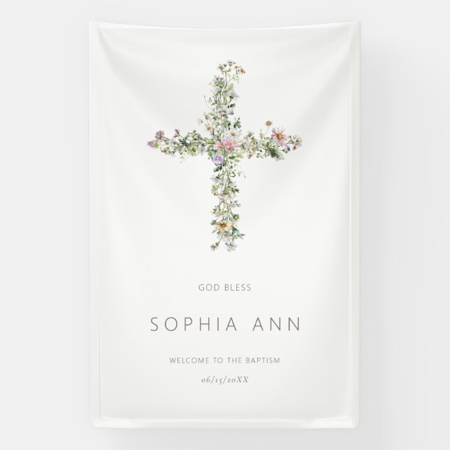 Gott segne Begrüßung Wiese Wildblume Kreuzung Tauf Banner (Vertikal)