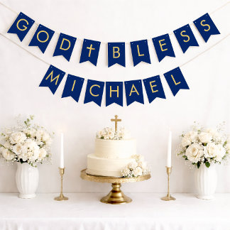 Gott segne Blau Gold 7 Buchstaben Taufe Kommunion Wimpelkette