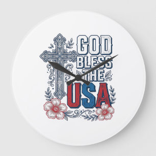 Gott segne das USA-Vintage-Kreuz patriotisches Hem Große Wanduhr