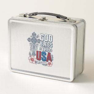 Gott segne das USA-Vintage-Kreuz patriotisches Hem Metall Brotdose