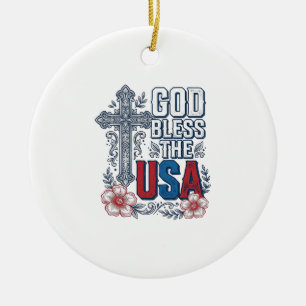 Gott segne die USA Vintage-Kreuz patriotisches Hem Keramik Ornament